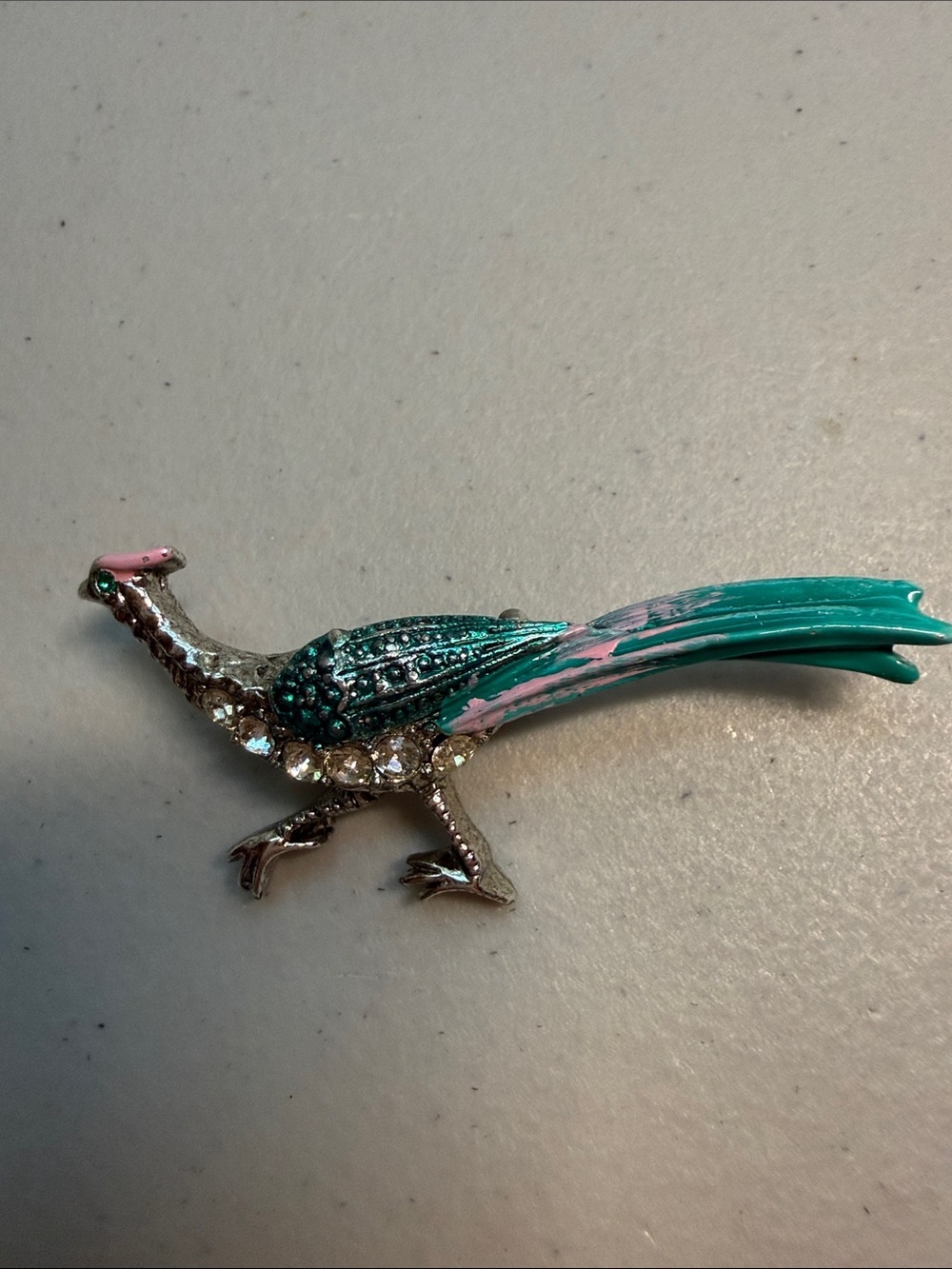 Teal and Pink Peacock Brooch with Crystal Accents